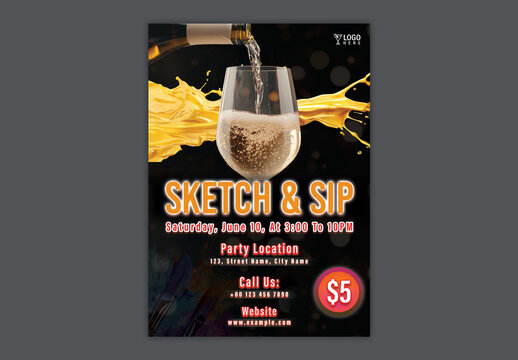 Sketch and Sip Party Flyer with Champagne Pouring Into Glass for Creative Art and Wine Night Event Promotion.