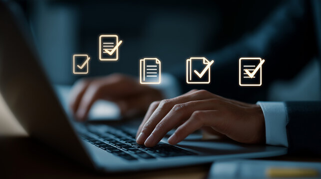 Legal document management and preparation system visualized with files and technology, highlighted by lightning symbols representing speed and efficiency.