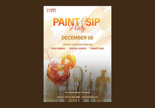 Paint and Sip Party Flyer with Cocktail Glass and Paint Brushes for Art and Wine Event Promotion, Editable Design.