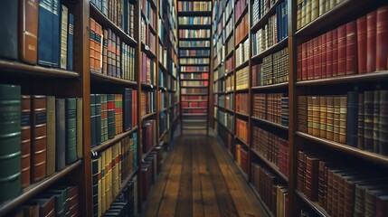 Obraz premium A long aisle between two bookshelves full of books in the library