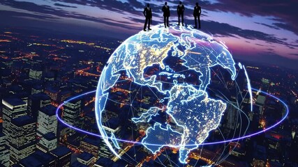 Aerial view of a digital globe over a cityscape at dusk, with silhouettes of people standing on top, evoking a futuristic video concept. - Powered by Adobe