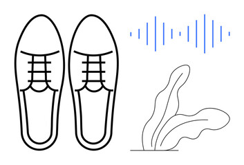 Two minimal shoes, a blue sound wave pattern, and abstract leaves convey lifestyle, comfort, and focus. Ideal for balance, wellness, audio design nature health elegance mindfulness. Simple flat