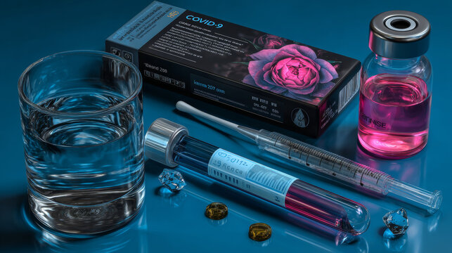 Test tube with cotton swab for nasopharyngeal specimens. Realistic tube for testing in laboratory on coronavirus SARS CoV-2. Blurred Covid-19 NCP cells. Vector illustration.