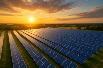 Aerial view of solar panels field under golden sunset sky generating renewable energy in rural landscape