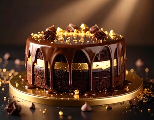 A sumptuously rich chocolate cake, lavishly draped with a glossy ganache and dazzling gold embellishments, highlighted by atmospheric lighting