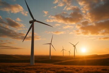 Row of wind turbines spinning on an open field generating renewable wind energy at sunset with orange sky and distant hills