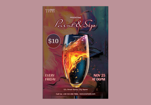 Paint and Sip Party Flyer with Cocktail Glass and Abstract Background for Art and Wine Event Promotion, Editable Design.