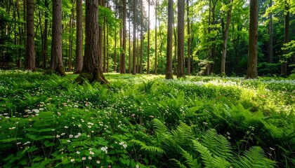 Fototapeta premium Sunlight streams through a dense forest floor blanketed in wildflowers and ferns. Lush greenery, tall trees, and dappled sunlight create a vibrant woodland scene