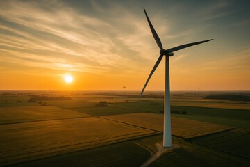 Fototapeta premium Modern wind turbine towering against warm golden sunset sky with blades capturing wind energy over open field