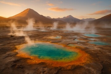 Fototapeta premium Vibrant turquoise geothermal pool steaming amidst rugged mountain landscape at sunrise with colorful mineral deposits and misty sky
