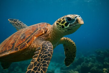 Fototapeta premium Graceful sea turtle swimming through clear turquoise ocean above colorful coral reef with sunlit patterns on its shell