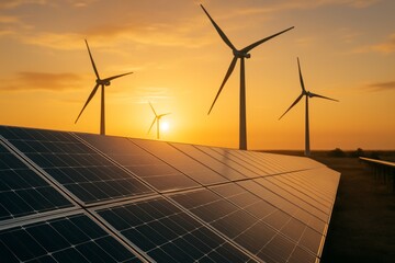 Hybrid renewable energy farm with wind turbines and solar panels illuminated by golden sunset in open landscape generating clean power