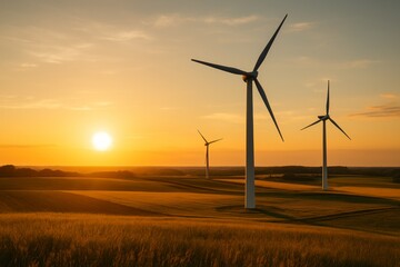Lone wind turbine with sleek blades standing against golden sunrise sky in open landscape producing renewable energy