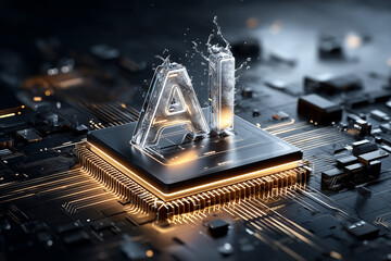 The Artificial Intelligence (AI) microprocessor chip. Powerful Quantum AI component on PCB motherboard with data transfers.