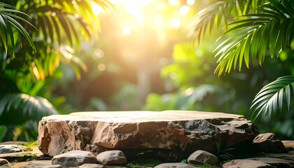 Golden hour illuminates a robust natural rock podium amidst a vibrant tropical jungle, perfect for showcasing organic products or serene nature-themed presentations