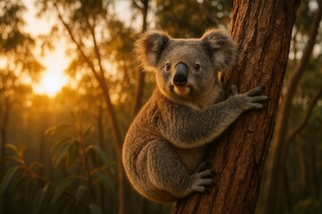 Obraz premium Cute koala clinging to a tree trunk in an Australian eucalyptus forest bathed in warm golden light