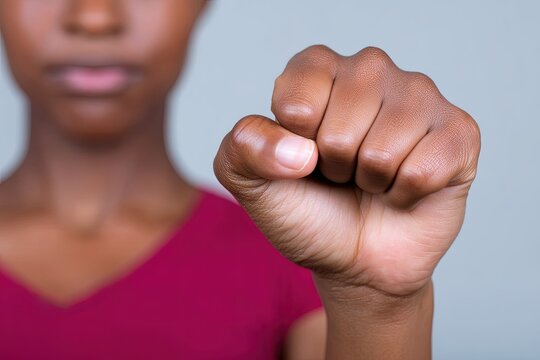 Empowering gesture of a person expressing determination and resilience with clenched fist against soft gray backdrop symbolizing strength identity and self-assertion