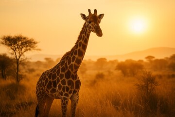 Obraz premium Tall giraffe silhouette walking through African savanna at sunset with warm golden sky
