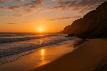 Golden sunset over a serene beach with gentle waves washing the sand and rugged cliffs silhouetted against an orange sky