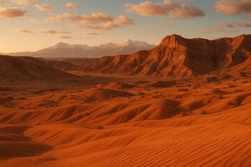 Naklejka premium Red sandstone mountain range rising from an arid desert valley under a partly cloudy sky at sunset, showcasing rugged natural beauty