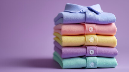 Pastel folded children&rsquo;s pajamas neatly stacked on a purple background, showcasing soft fabrics, cozy comfort, and playful, colorful design.
