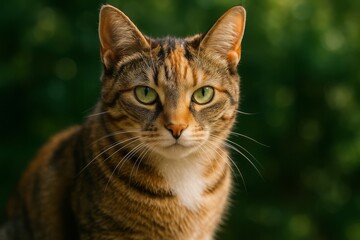 Fototapeta premium Alert tabby cat with green eyes sitting in a lush garden with blurred foliage background, gazing attentively in warm natural light