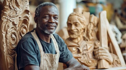 Naklejka premium A man in an apron sits in front of a wooden sculpture in a workshop, surrounded by various sculptures and tools.