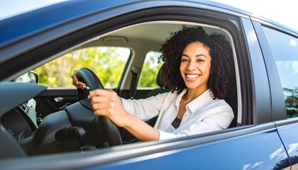 Woman Driving Car on Sunny Day