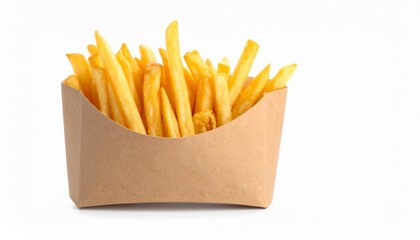 Golden crispy French fries served in a brown paper container mockup on white background. Perfect fast food snack showcasing fresh, crunchy texture and minimalist packaging design.