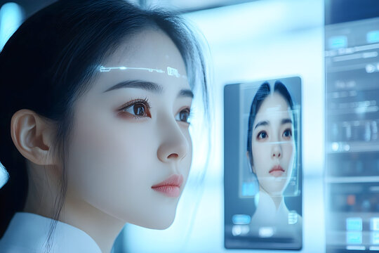Asian woman with long black hair is observing a digital interface displaying facial recognition technology, showcasing innovation in artificial intelligence and futuristic design concepts
