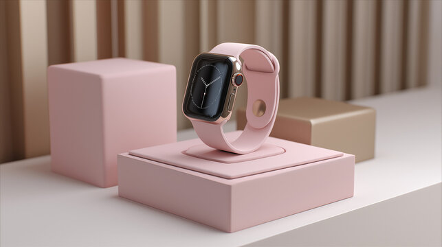 A pink matte display stand holds a black and pink smartwatch, highlighting modern aesthetics, sleek technology, and stylish product presentation.