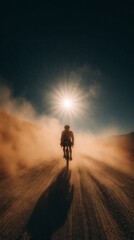 Fototapeta premium Cyclist raising dust while riding through the desert at sunset, creating a dramatic and adventurous scene