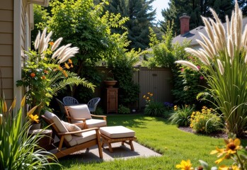 Obraz premium a backyard retreat with tall ornamental grasses softly rustling in the breeze creating a serene environment for relaxation and quiet reading in a garden