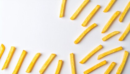 Golden crispy French fries scattered on a white background, showcasing their crunchy texture and appetizing color. Perfect for fast food, snacks, and delicious side dishes.