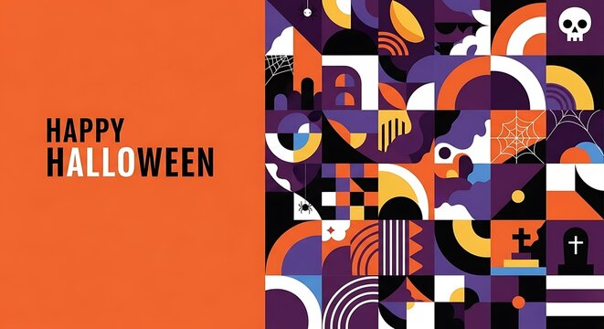 Abstract geometric Halloween design with skull spider web and tombstone motifs pattern