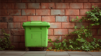 Green trash can on the background of a brick wall with climbing plants