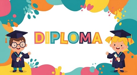 Fototapeta premium Cartoon graduation celebration with diploma and diverse children in caps and gowns kids education