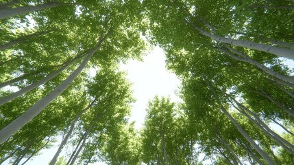 A vibrant view of a forest canopy, showcasing tall trees with lush green leaves against a bright sky, This image can be used for environmental projects, nature websites, or wellness themes,