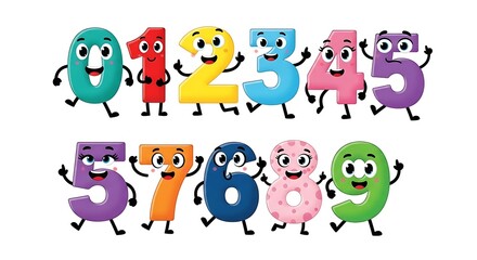 Fototapeta premium Cute Cartoon Numbers 0-9 With Happy Faces and Arms and Legs On White Background characters zero