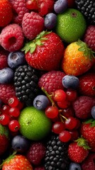 Fototapeta premium Freshly picked berries and limes forming a colorful and vibrant background, ideal for promoting healthy eating and summer vibes