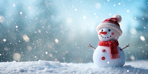 Fototapeta premium A cute snowman stands in a snowy landscape with falling snowflakes around him