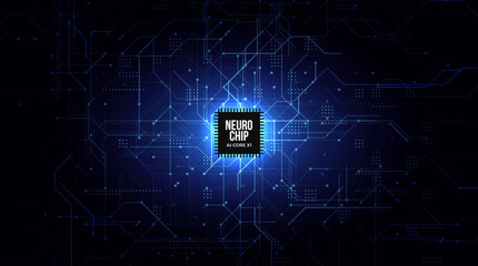 Blue Digital Circuit AI Neuro Chip Glowing Motherboard on Dark Background. Cyber Technology Microchip Board Pattern. Artificial Intelligence Data Server. Futuristic Processor BG. Vector Illustration.
