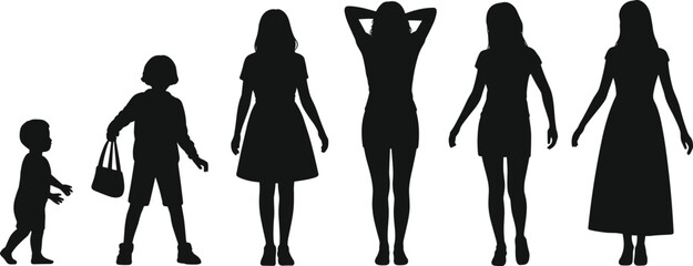 Obraz premium Silhouette of female life stages from toddler to adult woman, growing up process, human development concept, isolated on white background vector