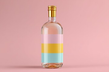 Vibrant striped label bottle with gold cap on pink background, trendy packaging design for beverage branding, beauty product launches, social media campaigns

