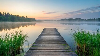 Fototapeta premium Beautiful panorama of a large misty morning lake, calm water reflecting soft sky, with green weed bushes along the shore and a floating log on surface