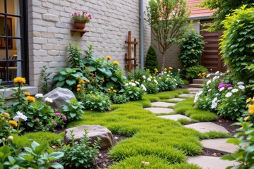 a courtyard garden with moss ground cover, ferns, and small flowering herbs creating soft textures and fragrant environment promoting relaxation