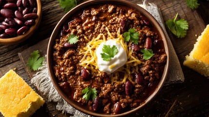 A hearty bowl of chili topped with cheese and sour cream is presented with a side of cornbread, Ideal for food blogs, recipe websites, or promotional materials related to cooking and dining,