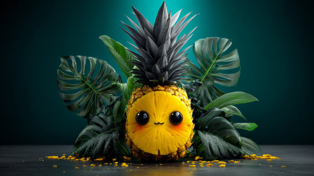 Cute pineapple character. Vector illustration of cartoon slice of tropical fruit.