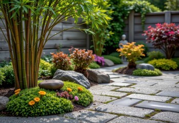 Obraz premium a zen garden with bamboo, moss, and small flowering shrubs producing soft textures and serene atmosphere perfect for quiet reflection outdoors