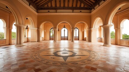 Elegant, spacious interior with arched doorways and patterned floor. Light streams through openings, creating a bright, airy atmosphere